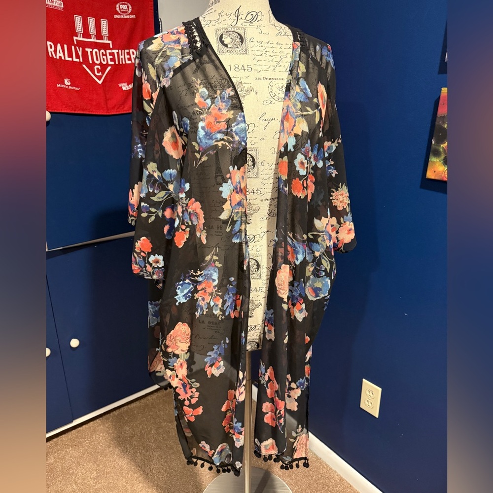Mixit Black Floral Sheer Kimono Duster